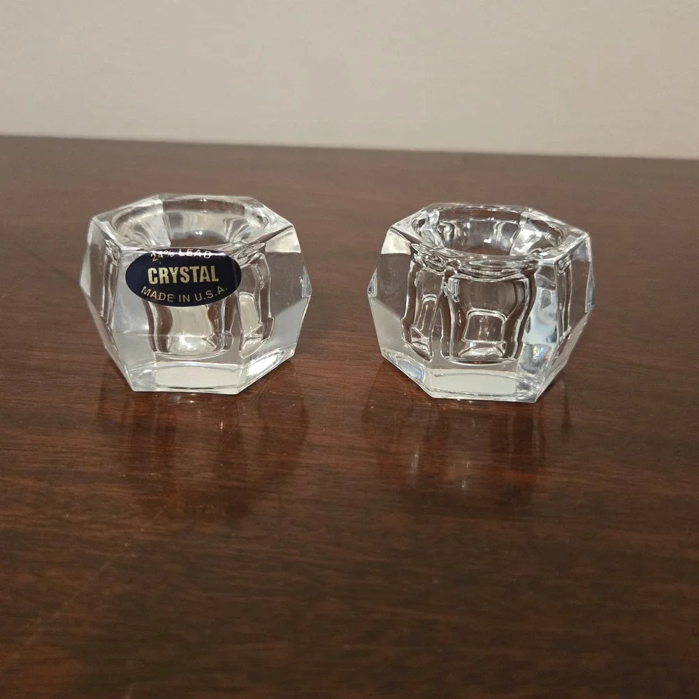 Vintage 24% Lead Crystal Hexagon Taper Candle Holders Set of 2 Made in USA Clear